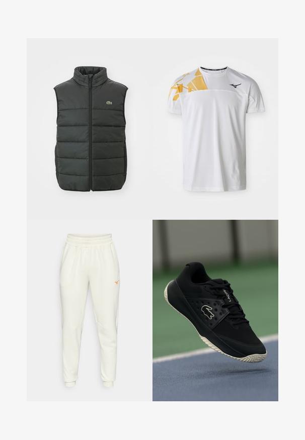 Puffer vest in dark gray with high collar, front zipper, and embroidered logo. Features quilted design and padded texture for warmth.; White athletic t-shirt featuring a geometric yellow design on one shoulder, smooth texture, round neckline, and logo in dark gray.; Cream-colored sweatpants made of soft fabric, featuring an elastic waistband, side pockets, and an orange logo at the hip.; Black athletic shoe with a textured upper and smooth accents, featuring a white logo, lace-up design, and flexible rubber outsole.