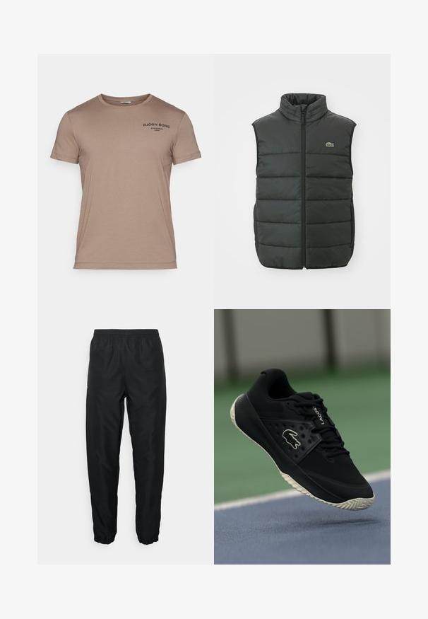 Gilet imbottito di colore grigio scuro con colletto alto, zip frontale e logo ricamato. Presenta un design trapuntato e una texture imbottita per il calore.; Maglietta a maniche corte marrone in cotone, con collo rotondo e un piccolo logo nero stampato sulla parte superiore sinistra.; Pantaloni sportivi neri realizzati in materiale leggero, con vita elasticizzata e polsini, caratterizzati da una texture liscia e dettagli di branding minimi.; Scarpe atletiche nere con upper testurizzato e accenti lisci, dotate di un logo bianco, design con lacci e suola in gomma flessibile.