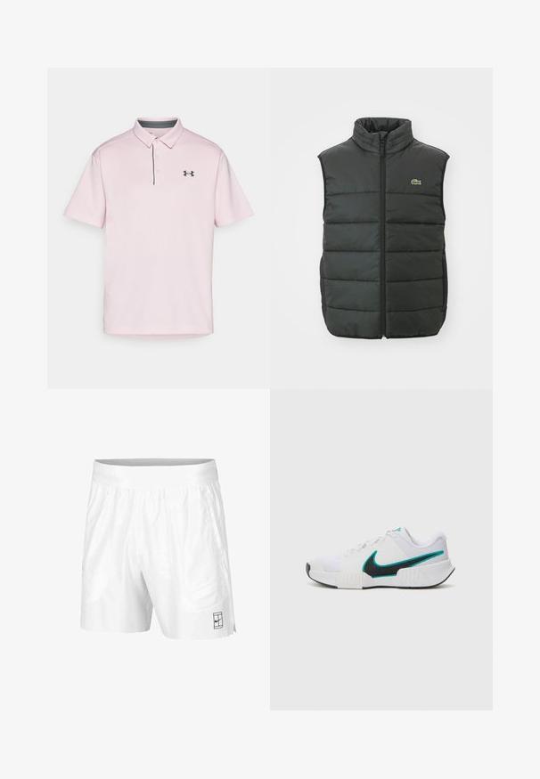 Gilet rembourré gris foncé avec col haut, fermeture éclair avant et logo brodé. Présente un design matelassé et une texture rembourrée pour plus de chaleur.; T-shirt polo rose en tissu texturé, avec un col, deux boutons et une accent gris foncé au col ainsi qu'un logo noir sur la poitrine.; Shorts de sport blancs en tissu léger avec une taille élastique, dotés de deux poches latérales et d'un petit logo noir au bas.; Chaussure de sport blanche avec une tige en mesh texturé, semelle en caoutchouc noire et accent en teal sur le logo Nike. Équipée de lacets et d'un col rembourré.