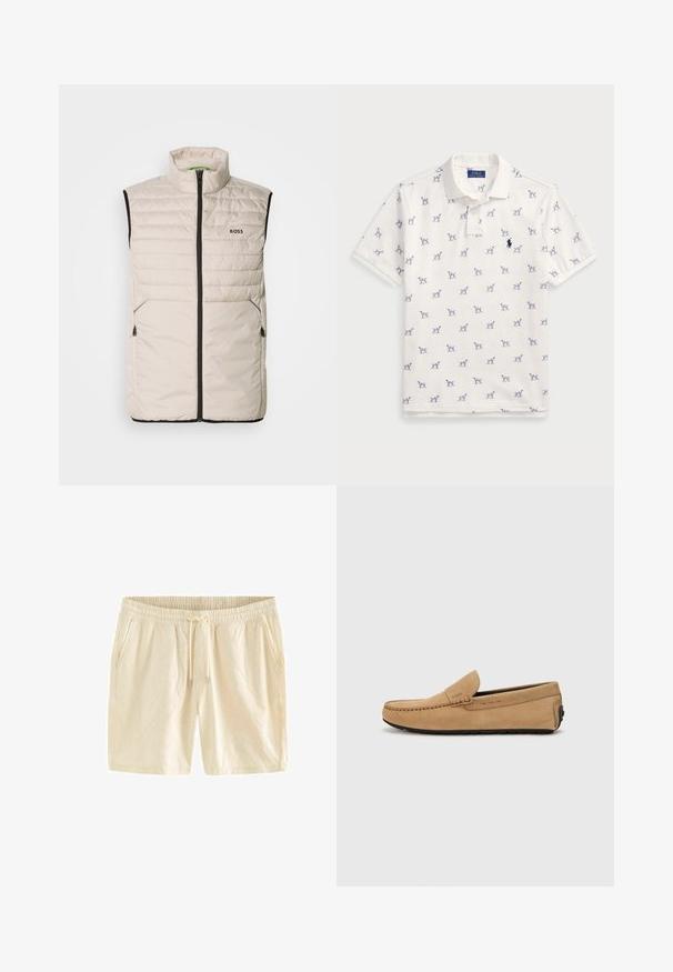 Lys beige polstret ærmeløs vest med sort lynlås, høj krave, to lynlåsede sidelommer og "BOSS"-logo på brystet.; Hvid polo-shirt lavet af bomuld, med et gentaget blåt hundemønster og et lille blåt logo på brystet. Korte ærmer og krave.; Lyse beige shorts med elastisk talje, snorlukning og subtile bladmønstre præget i stoffet. Inkluderer sidelommer.; Beige ruskind mokasin sko med en syet tå, slip-on design og sort gummisål. Har diskret branding på siden.
