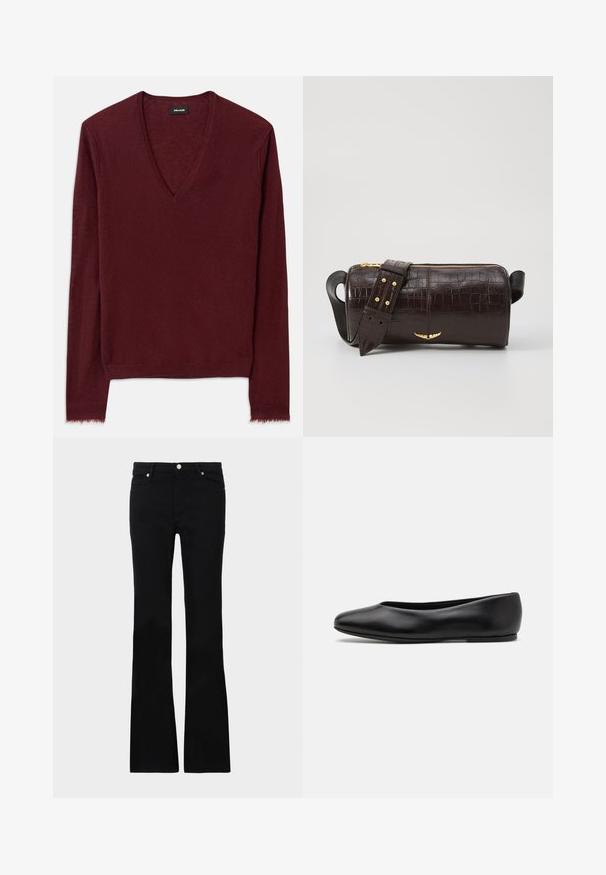 Bež pulover iz pletene tkanine s kratkimi rokavi, rebrastim ovratnikom in robom. Gladka tekstura s nekoliko ohlapnim krojem, ki ima stranske šive blizu roba.; Burgundska V-izrez pulover iz mehke, teksturirane tkanine. Ima dolge rokave in rahlo strgane robove. Preprost dizajn, brez vidnih vzorcev.; Črne zvonaste kavbojke iz denima, ki imajo dve sprednji žepi, gumbasto zapiranje in gladko teksturo. Oznaka zašite vidna na šivih.; Paul Smith TOPANGA - Balerinke - black; Brah blaženka iz rjavega usnja z embosiranim krokodilom, cilindrične oblike, zlatih kovinskih elementov in odstranljivim pasom, ki vsebuje žebljičke.