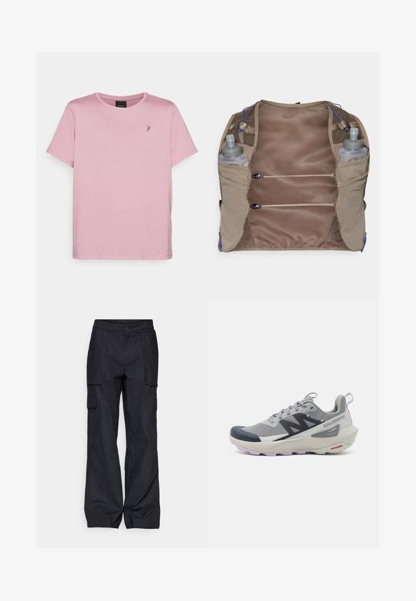 Šviesiai rudos spalvos kuprinė su tinklinėmis šoninėmis dalimis, dviem vandens butelių kišenėmis ir purpuru akcentais. Yra užtrauktukai ir tekstūruotas vidus. Lengvas dizainas.; Peak Performance EXPLORE GRAPHIC TEE - Marškinėliai su spaudiniu - bitter root; Columbia BREA FALLS™ COTTON RIPSTOP PANT - Lauko kelnės - black; Salomon bėgimo batai pilkos ir tamsiai mėlynos spalvos su kvėpuojančia tinklelio viršune, gumine pirštų apsauga ir tekstūruotu padu su levandų akcentais.