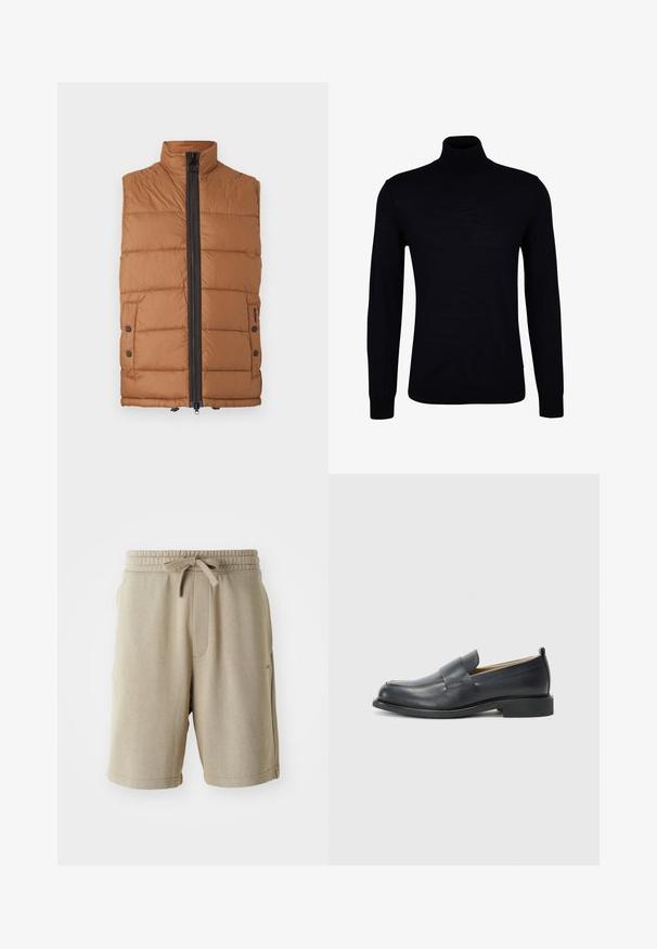 Gilet imbottito marrone con colletto alto, cerniera frontale completa e dettagli con bottoni a pressione sulle tasche. Realizzato in tessuto liscio e leggero.; Maglione nero a collo alto in un tessuto a maglia morbida. Presenta maniche lunghe, un collo aderente e polsini e orlo a coste per una vestibilità aderente.; Pantaloni corti beige con una texture morbida, vita elastica, cordino e tasche laterali. Lunghezza fino a metà coscia e branding minimale sul fondo.; Mocassini in pelle nera caratterizzati da una finitura liscia, suola piatta e punta arrotondata con una fascia decorativa sulla parte superiore.