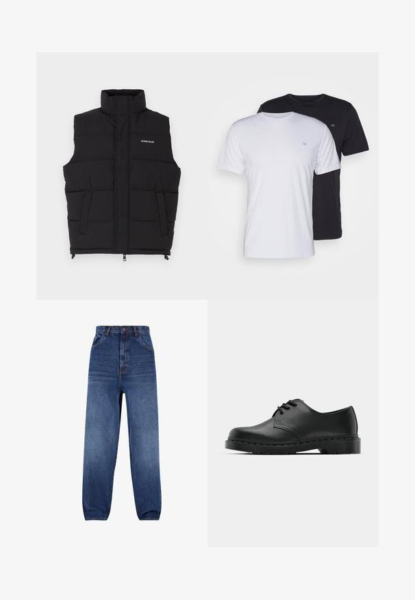 Juodas pūkuotas liemenės su aukštu apykakle, turintis dvi šonines kišenes ir priekinį užtrauktuką. Ant liemenės pavaizduotas baltas "GUESS JEANS" logotipas.; Du pfaldi medvilniniai marškiniai trumpomis rankovėmis, balti ir juodi, su apvaliais kaklais, turintys mažą logotipą ant krūtinės, glotnus paviršius.; Tamsiai mėlynos džinsinės kelnės. Aukšta juosmens linija su laisvu pritaikymu. Yra priekinės kišenės ir subtilus dėvėjimo efektas kojose.; Juodos odinės oksfordo bateliai su raištelių užsegimu, apvaliu pirštu, plokščiu guminiu padu ir subtiliu siuvimo akcentu viršuje.