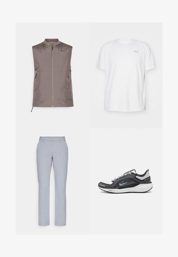 Bez rukava, prsluk s patentnim zatvaračem u svijetlo taupe boji. Napravljen od glatkog, laganog materijala s suptilnim sjajem. Ima dva bočna džepa i elastičnu traku na rubu.; Bijela atletska majica kratkih rukava od glatkog materijala. Ima okrugli izrez i sivi logo na lijevoj strani prsnog koša, s bočnim prorezima na rubu.; Svijetlosive hlače ravnog kroja, s kopčanjem na gumbe, prednjim džepovima i glatkom, teksturiranom tkaninom. Minimalistički dizajn, bez uzoraka.; Crne i sive atletske cipele s mrežastim gornjim dijelom, reflektirajućim detaljima i bijelim među-djelom. Imaju strukturiranu gumenu potplate i vezice.