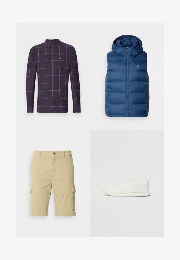 Marineblaues Kapuzen-Puffervest mit Reißverschluss vorne, zwei Seitentaschen und einem Logo auf der Brust. Glatte Textur und gesteppter Look.; Langärmliges Hemd in dunkelpurpur mit einem Gittermuster in Weiß und Grau. Mit einem kleinen, grünen Emblem auf der Brusttasche.; Kaki Cargo-Shorts aus Baumwolle mit glatter Textur, ausgestattet mit Seitentaschen und einem Knopfverschluss in der Taille.; Weißer Sneaker mit einem Obermaterial aus Mesh und Synthetik, runder Zehenform, flachen Schnürsenkeln und einem strukturierten Seitenstreifen. Gummisohle mit einer Lasche hinten.