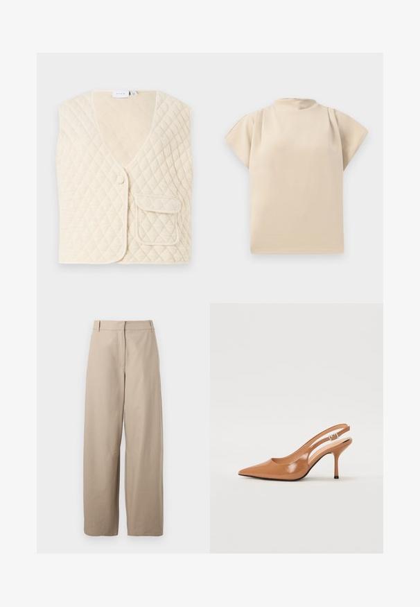 Tűzött mellény törtfehér színben, V-nyakkal, egy gombos záródással és elülső zsebbel. Puha anyag, gyémántmintával.; Beige rövidujjú felső magas nyakkal és laza szabással. Sima textúra, finom redőzéssel a vállakon. Egyszerű, minimalista dizájn.; Beige, bővített lábú pamutra készült nadrág. Jellemzője a sima elülső rész, két oldalsó zseb és sima textúra. Egyszerű, funkcionális dizájn.; Fingerszűk, hegyes orrú, háttámlás sarokcipő sima, fényes barnás anyagból. Íves kivágású dizájn és karcsú stiletto sarkú. Ezüst csattal ellátva.