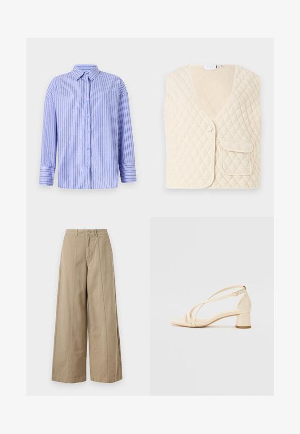 Quiltana brezrokavnik v off-white barvi z V-izrezom, enim gumbom in žepom na sprednji strani. Mehka tkanina z diamanti vzorcem.; Svetlo modra srajca s kratkimi rokavi, navpičnimi črtami in pikčastimi poudarki. Ima ovratnik, dolge rokave in ravno krojitev. Mehka tkanina.; Bež široke hlače iz trpežne kože, z gumbom za zapiranje, z zankami za pas in brez vidnih žepov ter čistim sprednjim nagubanjem.; Beige sandale s peto na blok, z zapletenim dizajnom in prilagodljivim gležnjenjcem, izdelane iz gladkega sintetičnega materiala z mat površino.