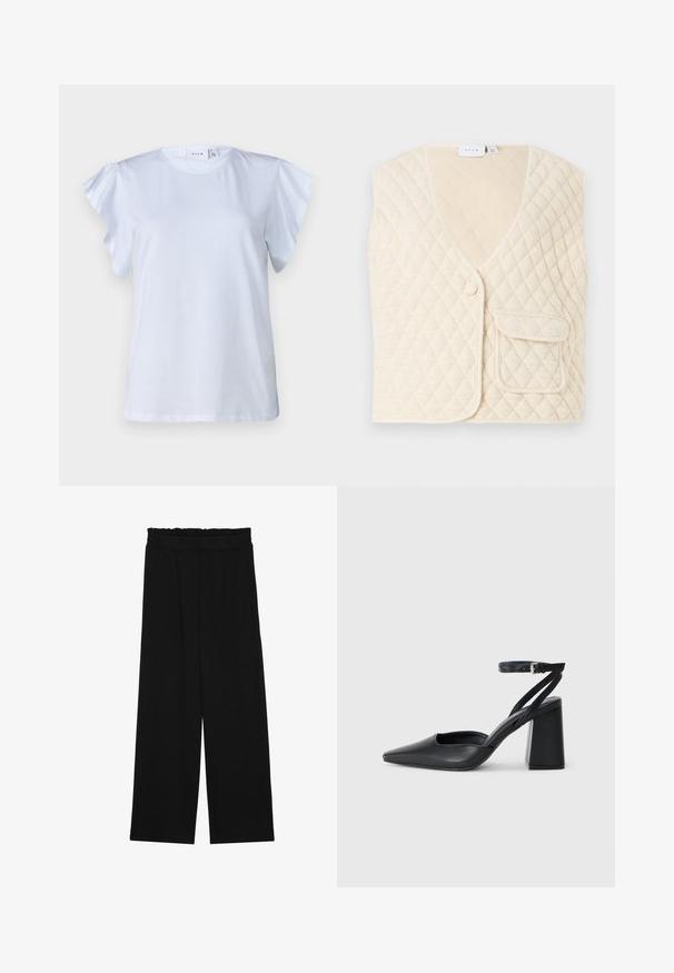 Prešívaná vesta v off-white farbe s výstrihom do V, jednouchým zapínaním na gombík a vreckom na prednej strane. Mäkká látka s diamantovým vzorom.; Biela tričko s krátkymi riasenými rukávmi, okrúhlym výstrihom a mäkkou bavlnenou látkou. Jednoduchý dizajn bez vzorov alebo akcentov.; Čierne široké nohavice s volánovým pásom, obsahujúce dve bočné vrecká a hladký, ľahký materiál. Žiadne viditeľné vzory ani kovové príslušenstvo.; Čierne kožené lodičky s špicatou špičkou a členkovým remienkom, s masívnym podpätkom. Hladký povrch, elegantný dizajn a minimalistická estetika.
