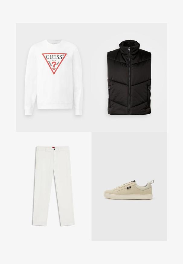 Must emaneeritud must vest, millel on kõrge krae, ees lukuga sulgemine ja külgedel lukuga taskud. Polsterdatud disain diagonaalsete õmblusdetailidega.; Valge puuvillane sviiter, millel on suur punane kolmnurkne logo, millel on tekst "GUESS U.S.A." ja "WASHED JEANS", ning keskel küsimärgi ikoon.; Valged püksid, valmistatud puuvillasegusest kangast, sirge sääre disainiga, esitaskud ja üks must nööp vöörihma kohal.; Beesed värvi tennised sileda kangast pealmise osaga, ümmarguse varbaga, nöörpant ja logotagi küljel. Tald on paks ja loodud mugavuseks.