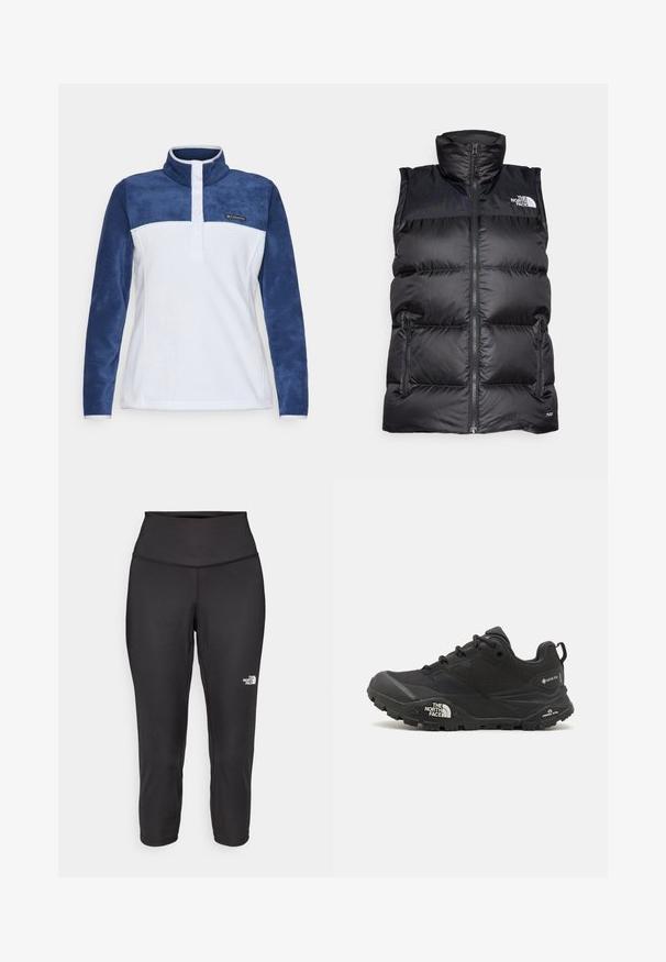 Črna podložena brezrokavnik s visokim ovratnikom, sprednjim zadrgo in dvema stranskima žepoma. Vsebuje logo na zgornjem levem delu.; Flis pulover, bela osnova z modrimi rokavi, visok ovratnik, zanko s tremi gumbi, Columbia logotip na prsih, mehak material.; Črne capri legice iz raztegljive tkanine, z visokim pasom in majhnim belim logotipom na levi strani. Gladka tekstura.; Črne pohodne čevlje z teksturirano zgornjim delom, vezalnim zapiranjem in masivnim gumijastim podplatom, ki ima opazen logotip na strani in vzorce profila.