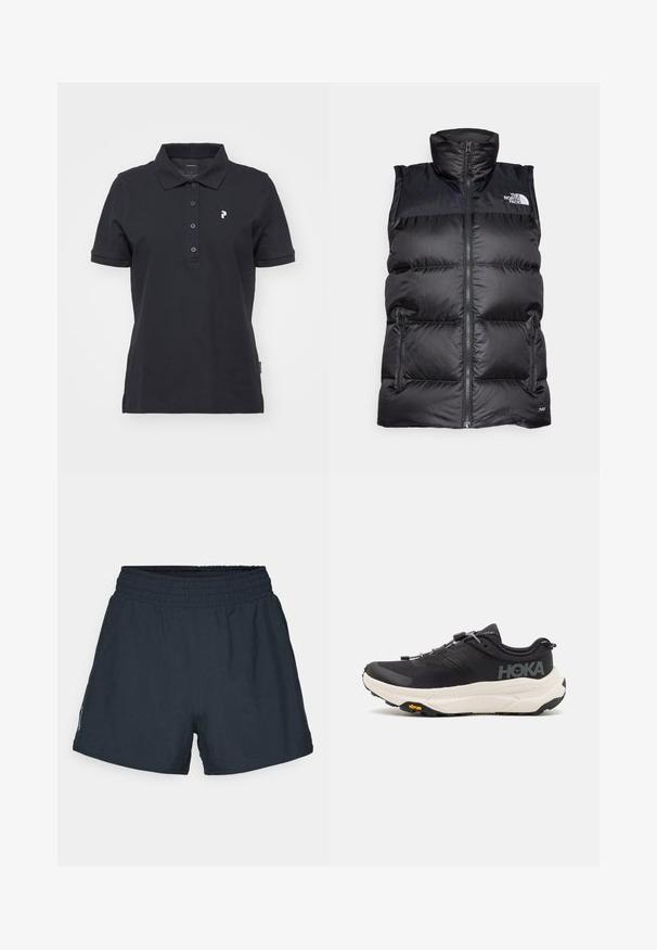 Fekete párnázott ujjatlan mellény magas gallérral, elülső cipzárral és két oldalsó zsebbel. Az elején, a bal felső oldalon logó található.; Fekete, pamut pólóing klasszikus gallérral, három gombos nyakkal, rövid ujjú, és kis fehér logóval a mellkasán.; Sötét tengerészkék sportnadrág könnyű anyagból. Rugalmas derékpánt, laza szabás és nincsenek látható zsebek vagy minták.; Fekete sportcipők lélegző hálós felsőrésszel, gumitípusú talppal, fehér párnázott középtalppal és fényvisszaverő fűzőkkel. Vibram logó a talpon.