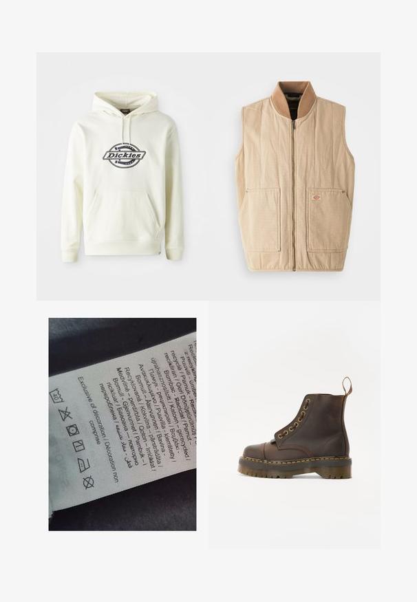 Béžová vesta so zipsom vpredu, vysokým golierom z hnedej fleecovej látky a dvoma veľkými prednými vreckami. Má prešívanú textúru a malú nášivku s logom.; Krémová mikina s kapucňou vyrobená z mäkkej látky s prednou vreckom. Obsahuje čierne logo na kruhovom dizajne. Pružné manžety a lem.; Štítok s viacjazyčným textom, symbolmi starostlivosti a ikonami recyklácie, vytlačený na jemnom textilnom materiáli svetlej farby.; Hnedé kožené členkové topánky s okrúhlym špicom, kontrastným žltým prešívaním, dekoračnými kovovými očkami a drážkovanou gumovou podrážkou.