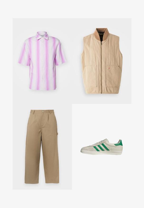 Gilet beige con zip frontale, colletto alto in pile marrone e due grandi tasche frontali. Presenta una texture trapuntata e una piccola etichetta con logo.; Camicia a maniche corte, con bottoni, di colore rosa chiaro e bianco con strisce verticali. Realizzata in tessuto leggero, presenta un colletto classico.; Pantaloni larghi beige in misto cotone, con vita alta, pieghe frontali e due tasche laterali con chiusura a bottone.; Sneaker beige con strisce verdi, con suola bianca e tomaia in pelle liscia. Vista laterale che evidenzia i dettagli dei lacci e il logo.