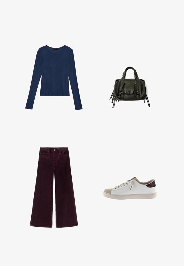 Khaki ärmellose Weste aus strapazierfähigem Material, mit großen Fronttaschen, Druckknopfverschluss und metallenen Ösen.; Marineblaues Langarmshirt aus weichem Material, mit Rundhalsausschnitt und flachen Nähten an den Ärmeln, in lockerer Passform.; Weite Cordhosen in tiefem Burgund, mit hohem Bund, Knopfverschluss und klassischem Fünf-Taschen-Design sowie gerippter Textur.; Weißer Sneaker mit einer grauen Wildleder-Zehenkappe und einem glitzernden burgunderfarbenen Absatz. Verfügt über flache Schnürsenkel und ein minimalistisches Design.; Schwarze Lederhandtasche mit geflochtenen Griffen, Reißverschlussfach und hängenden Quasten. Strukturiert Oberfläche mit Metallnieten und Hardware-Akzenten.