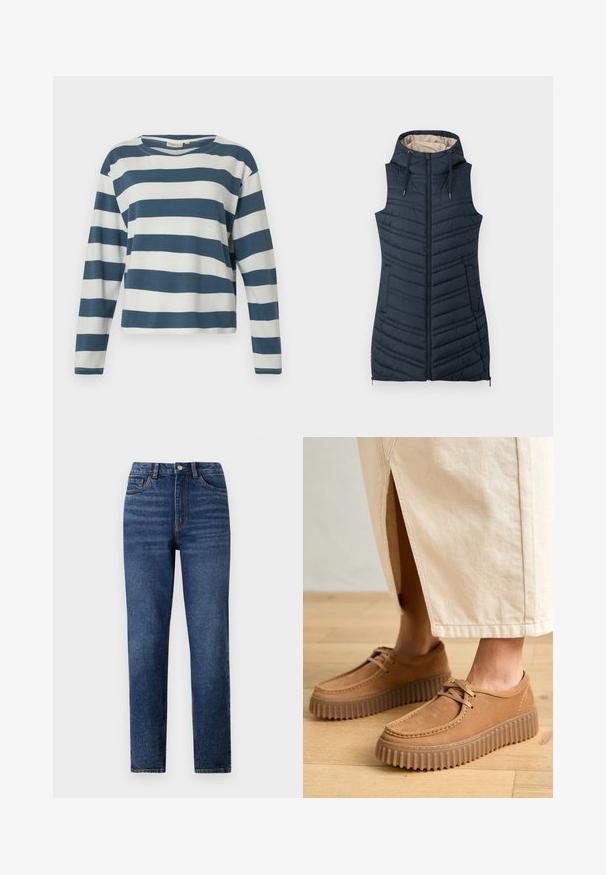 Marineblauer gesteppter Weste mit Kapuze, Reißverschluss vorne und zwei Seitentaschen. Verfügt über vertikale Nähte und ein hellbeiges Innenfutter.; TOM TAILOR DENIM V NECK - Strickpullover - deep black; TOM TAILOR DENIM STRIPED WITH BUTTONS - Langarmshirt - dusty blue/white; Hochtaillierte blaue Denim-Jeans mit geradem Bein, versehen mit dezenten Tragefalten, einem Knopfverschluss und einem Fünf-Taschen-Design.; Hellelederschuhe mit einer strukturierten Oberfläche, runder Zehenform und dicken, geriffelten Sohlen. Die Schnürsenkel und die Nähte heben das Design hervor.