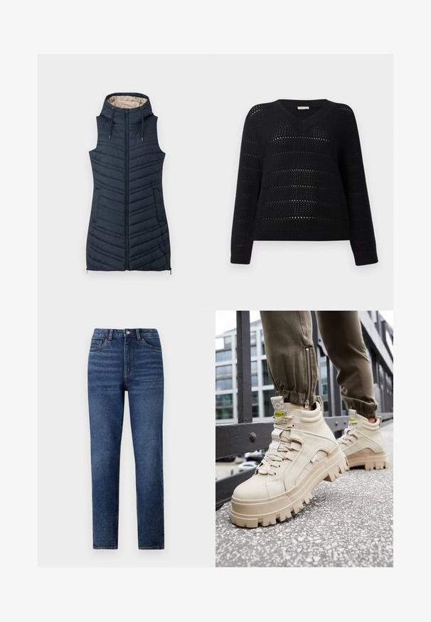 Gilet matelassé marine avec capuche, fermeture éclair à l'avant et deux poches latérales. Il présente des coutures verticales et une doublure intérieure beige clair.; TOM TAILOR DENIM V NECK - Pullover - deep black; Jeans en denim bleu taille haute avec une coupe droite, présentant un léger délavage, une fermeture à un bouton et un design à cinq poches.; Baskets montantes beiges avec une semelle épaisse et texturée, un design à lacets et des étiquettes accent jaune. Tige en cuir texturé avec des coutures contrastées.