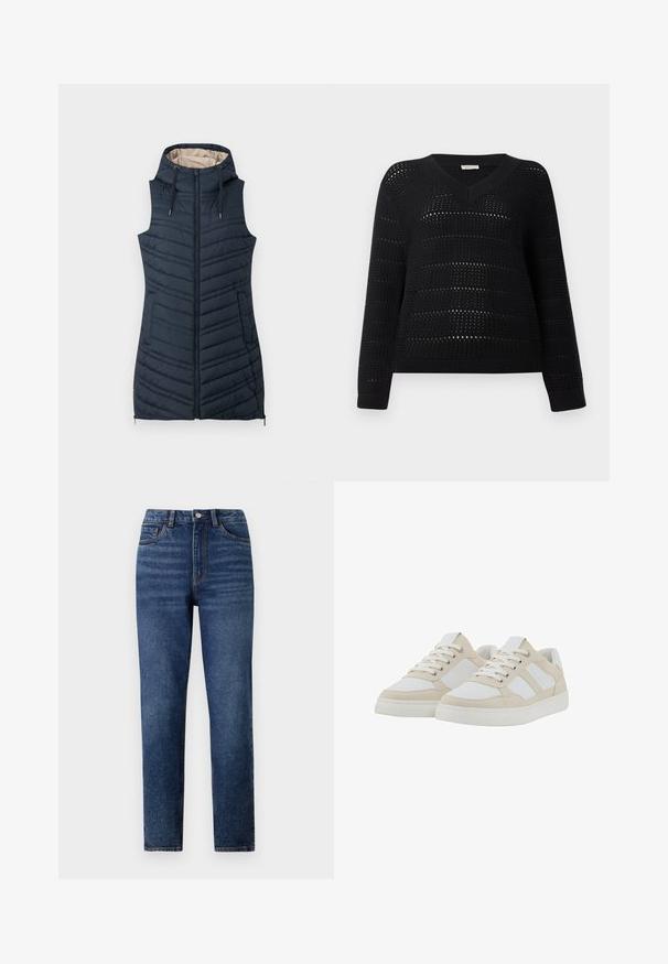 Gilet imbottito blu navy con cappuccio, chiusura a zip e due tasche laterali. Presenta cuciture verticali e un rivestimento interno di un beige chiaro.; TOM TAILOR DENIM V NECK - Maglione - deep black; Jeans in denim blu a vita alta con gamba dritta, caratterizzati da un leggero effetto consumato, chiusura con un bottone singolo e design a cinque tasche.; Sneaker beige e bianche con tomaia texturizzata, chiusura con lacci e colletto imbottito. Presentano tre strisce laterali bianche e suola in gomma.