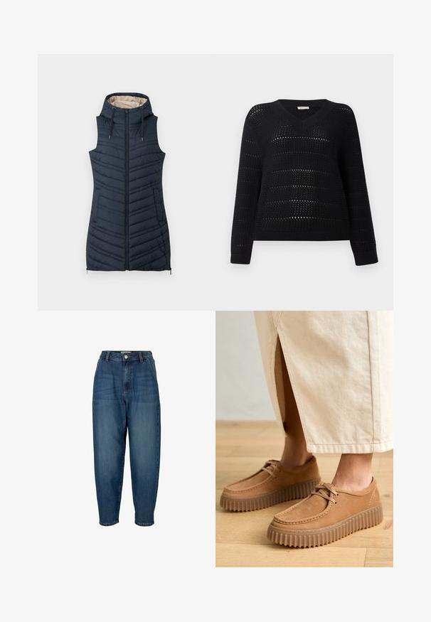 Sötétkék steppelt mellény kapucnival, cipzáros elülső résszel és két oldalsó zsebbel. Függőleges varrásokkal és világos bézs bélésrésszel rendelkezik.; TOM TAILOR DENIM V NECK - Pulóver - deep black; Magas derekú kék farmernadrág laza szabással, elülső zsebekkel, cipzáras résszel és enyhe kopással az anyagon.; Barna bőr cipők texturált felülettel, kerek orral és vastag, bordázott talppal. A fűzők és varrások részletei fokozzák a dizájnt.