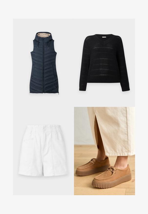 Merinokangas takki, jossa on huppu, vetoketjukiinnitys ja kaksi sivutaskua. Varustettu pystysuorilla ompeleilla ja vaaleanbeigellä sisävuorella.; TOM TAILOR DENIM V NECK - Neule - deep black; Valkoiset puuvillahousut, joissa on joustava vyötärönauha, etupainike, kaksi sivutaskua ja siisti, yksinkertainen muotoilu.; Ruske nahkatossut, joissa on teksturoitu pinta, pyöreä varvas ja paksut, uurrettu pohjat. Nyörit ja ompelusarja korostavat designia.