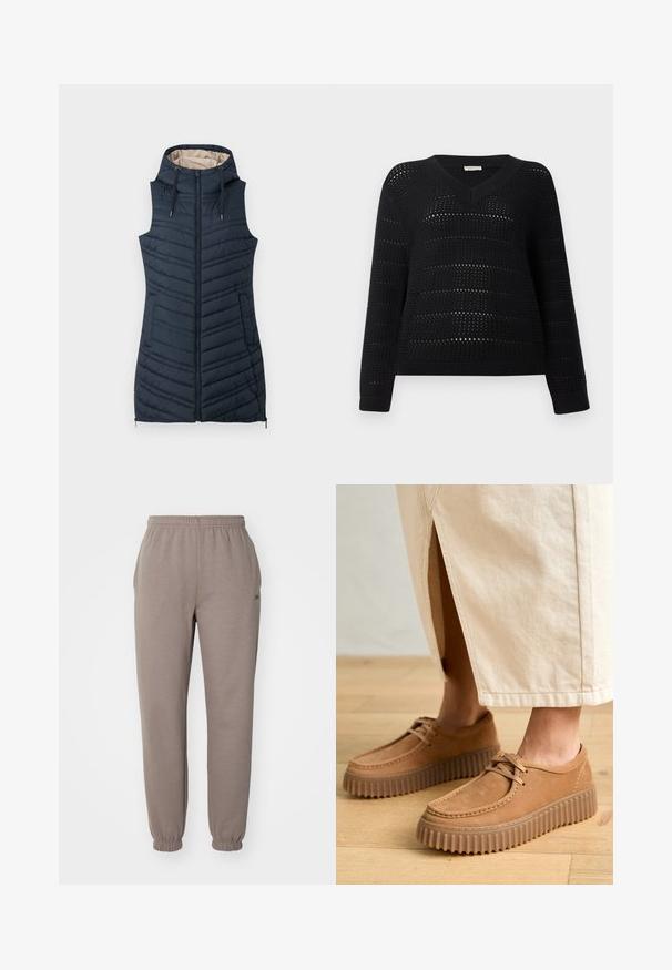 Ναυτικό γιλέκο με επένδυση, καπέλο, μπροστινό φερμουάρ και δύο πλαϊνές τσέπες. Διαθέτει κατακόρυφη ραφή και ελαφρώς μπεζ εσωτερική επένδυση.; TOM TAILOR DENIM V NECK - Πουλόβερ - deep black; Καφέ φόρμες από μαλακό ύφασμα, με ελαστική μέση, ρεβέρ και πλαϊνές τσέπες. Δυσδιάκριτο λογότυπο στο μηρό.; Καφέ δερμάτινα παπούτσια με υφή, στρογγυλή μύτη και χοντρές, αυλακωτές σόλες. Τα κορδόνια και οι λεπτομέρειες ραφής ενισχύουν τον σχεδιασμό.