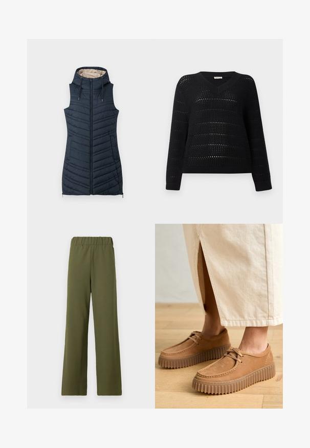 Navy quilted vest with a hood, zippered front, and two side pockets. Features vertical stitching and a light beige interior lining.; TOM TAILOR DENIM V NECK - Jumper - deep black; TOM TAILOR DENIM PLEATED PANTS - Trousers - grape leaf green; Tan leather shoes with a textured surface, round toe, and thick, ridged soles. Laces and stitching detail enhance the design.