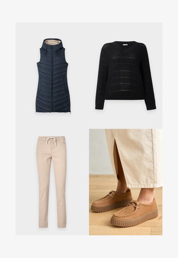 Chaleco acolchado navy con capucha, cierre frontal y dos bolsillos laterales. Presenta costuras verticales y un forro interior de color beige claro.; TOM TAILOR DENIM V NECK - Jersey de punto - deep black; Pantalones de algodón de rayas beige con cintura ajustable, piernas estrechas y dos bolsillos delanteros. Textura suave, diseño casual.; Zapatos de cuero marrón claro con una superficie texturada, puntera redonda y suelas gruesas y estriadas. Los cordones y los detalles de costura realzan el diseño.