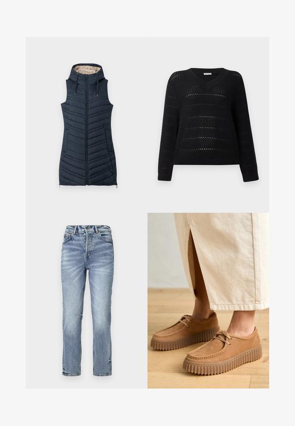 Tumes sinine tepitud vest kapuutsiga, lukuga ees ja kahel külgtaskul. Omab vertikaalset õmblust ja heledat beeži voodrit.; TOM TAILOR DENIM V NECK - Džemper - deep black; Heledsinine denimist teksad sirge lõikega, kõrge vöökoht, pleekinud tekstuur ja viis taskut. Omab metallist nööpi ja tõmblukk. ; Kohvitan värvi nahast kingad, millel on tekstureeritud pind, ümar varvas ja paksud, soonilised tallad. Kinnised ja õmbluste detailid täiustavad disaini.