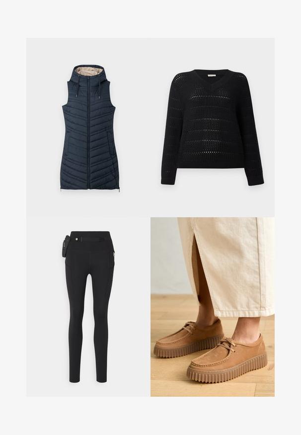 Gilet imbottito blu navy con cappuccio, chiusura a zip e due tasche laterali. Presenta cuciture verticali e un rivestimento interno di un beige chiaro.; TOM TAILOR DENIM V NECK - Maglione - deep black; Leggings neri realizzati in tessuto elasticizzato, con un alto punto vita, tasche laterali, una tasca con zip e una cintura staccabile con dettagli in metallo.; Scarpe in pelle color cuoio con superficie texture, punta rotonda e suole spesse e scanalate. I lacci e i dettagli della cucitura arricchiscono il design.