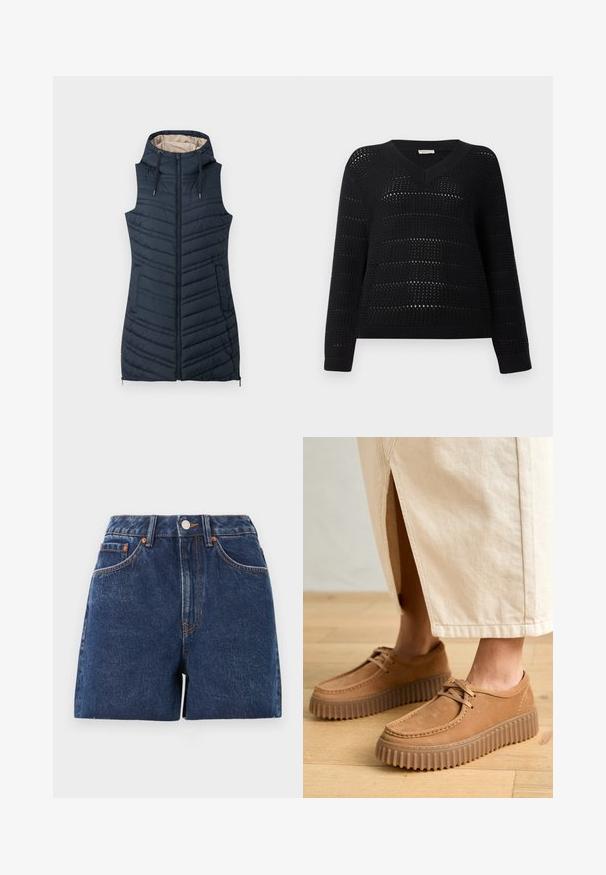 Tumes sinine tepitud vest kapuutsiga, lukuga ees ja kahel külgtaskul. Omab vertikaalset õmblust ja heledat beeži voodrit.; TOM TAILOR DENIM V NECK - Džemper - deep black; Tumed sinised teksapüksid lühikesed, kõrge vöökoht, viis taskut, vaskne riistvara ja kontrastsed õmblused. Tooriku ääristamine lisab tekstuuri.; Kohvitan värvi nahast kingad, millel on tekstureeritud pind, ümar varvas ja paksud, soonilised tallad. Kinnised ja õmbluste detailid täiustavad disaini.