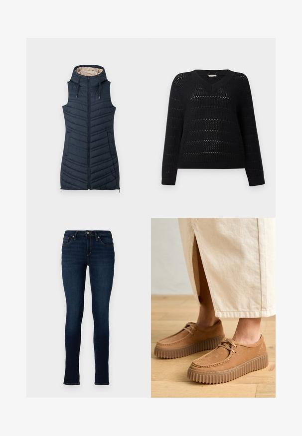 Chaleco acolchado navy con capucha, cierre frontal y dos bolsillos laterales. Presenta costuras verticales y un forro interior de color beige claro.; TOM TAILOR DENIM V NECK - Jersey de punto - deep black; TOM TAILOR DENIM TTJONA Skinny - Vaqueros pitillo - used dark stone blue denim; Zapatos de cuero marrón claro con una superficie texturada, puntera redonda y suelas gruesas y estriadas. Los cordones y los detalles de costura realzan el diseño.