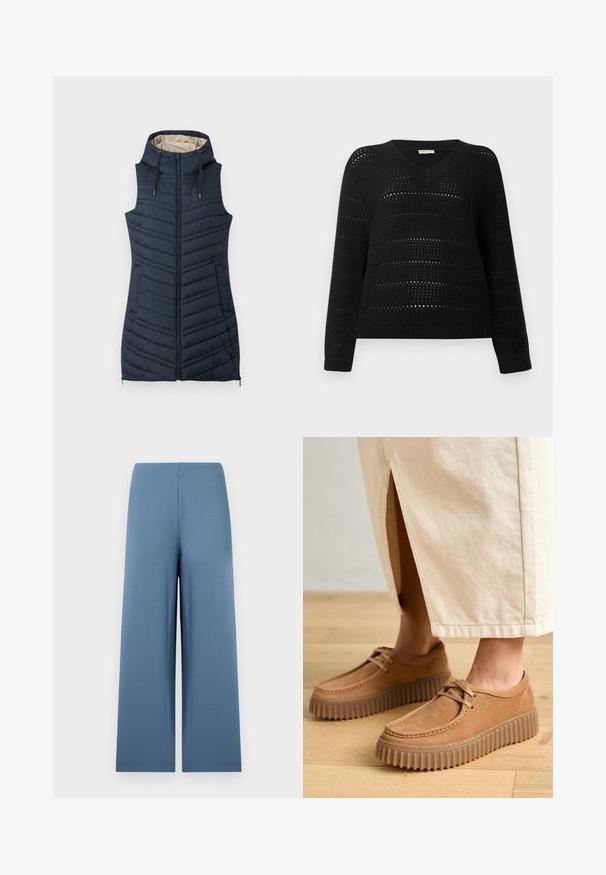 Merinokangas takki, jossa on huppu, vetoketjukiinnitys ja kaksi sivutaskua. Varustettu pystysuorilla ompeleilla ja vaaleanbeigellä sisävuorella.; TOM TAILOR DENIM V NECK - Neule - deep black; Tuubit leveät housut pehmeästä sinisestä kankaasta. Ominaisuuksiin kuuluu saumaton vyötärö ja tasainen, sileä pinta. Ei näkyviä kiinnityksiä tai taskuja.; Ruske nahkatossut, joissa on teksturoitu pinta, pyöreä varvas ja paksut, uurrettu pohjat. Nyörit ja ompelusarja korostavat designia.