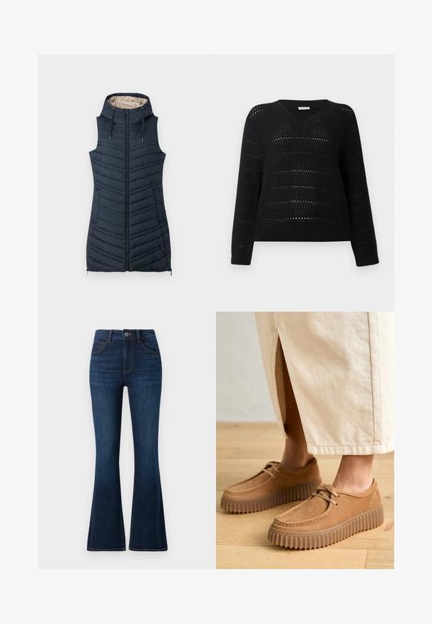 Merinokangas takki, jossa on huppu, vetoketjukiinnitys ja kaksi sivutaskua. Varustettu pystysuorilla ompeleilla ja vaaleanbeigellä sisävuorella.; TOM TAILOR DENIM V NECK - Neule - deep black; TOM TAILOR STELLA tummansininen denim; Ruske nahkatossut, joissa on teksturoitu pinta, pyöreä varvas ja paksut, uurrettu pohjat. Nyörit ja ompelusarja korostavat designia.