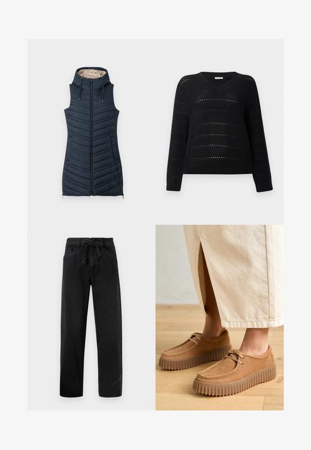 Námořnická prošívaná vesta s kapucí, zipem vpředu a dvěma bočními kapsami. Obsahuje vertikální švy a světlou béžovou podšívku.; TOM TAILOR DENIM V NECK - Svetr - deep black; Černé džíny s elastickým pásem na stahování, rovný střih, pět kapes a jemně vybledlý textur.; Tyrkysové kožené boty s texturovaným povrchem, kulatou špičkou a silnými, drsnými podrážkami. Šňůrky a detaily šití umocňují design.