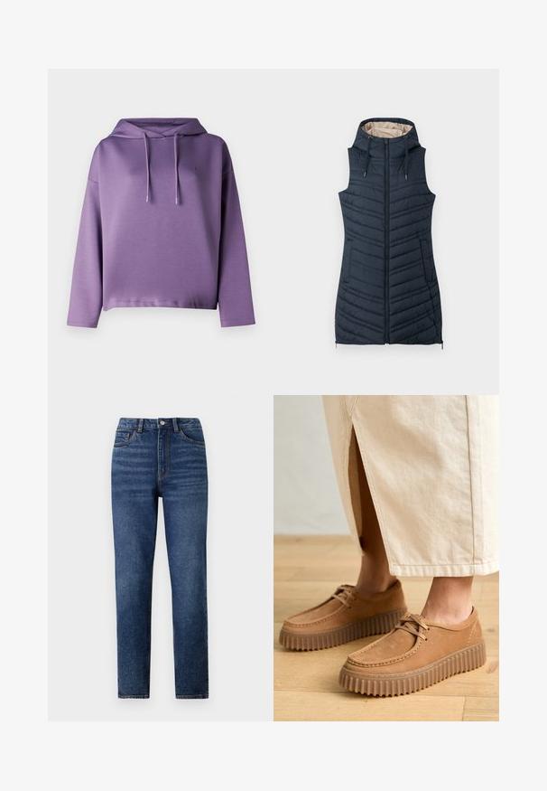 Tamsiai mėlynas paklotos liemenė su kapišonu, užtrauktuko priekine dalimi ir dviem šoninėmis kišenėmis. Pasižymi vertikaliu siuvinėjimu ir šviesiai kreminiu vidiniu pamušalu.; Violet kapučino su ilgomis rankovėmis, rebrinė apykaklė ir užtrauktukai. Lygi tekstūra ir logotipo detalė ant krūtinės. Kasdienis siluetas.; Aukštos juosmens mėlynos džinsinės kelnės su tiesiomis kojomis, pasižyminčios subtiliu dėvėjimu, vieno mygtuko uždarymu ir penkių kišenių dizainu.; Skiros spalvos odiniai batai su tekstūruotu paviršiumi, apvali noselė ir stori, grioveliuoti padai. Raišteliai ir siuvimo detalės papildo dizainą.