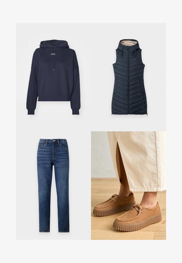 Vesta din material matlasat de culoare bleumarin, cu glugă, fermoar frontal și două buzunare laterale. Prezintă cusături verticale și un interior căptușit de culoare bej deschis.; Hanorac bleumarin din material moale, cu glugă ajustabilă și logo brodat pe piept. Croială lejeră cu manșete ribbed.; Blugi din denim albastru cu talie înaltă, cu picior drept, având detalii fine de decolorare, închidere cu un singur nasture și design cu cinci buzunare.; Pantofi de culoare caramel din piele cu o suprafață texturată, vârf rotund și tălpi groase, cu striații. Sireturile și detaliile de cusătură completează designul.