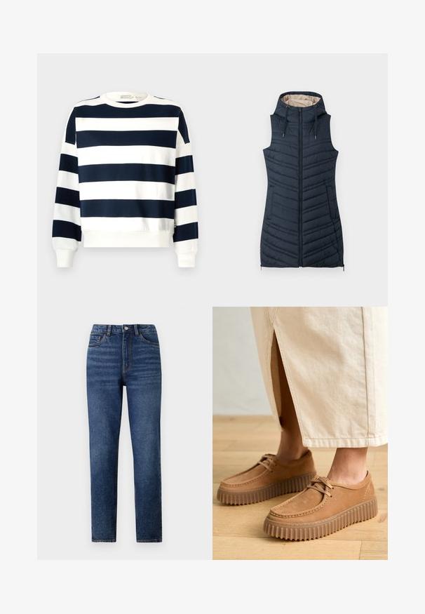 Mornarska tkanina s kapuljačom, s patentnim zatvaračem sprijeda i dva bočna džepa. Ima vertikalne šavove i svijetlu bež podstavu.; Navy i bijeli prugasti dukserica s okruglim izrezom, dugim rukavima i rebrastim manžetama. Mekana tkanina s opuštenim krojem.; Traperice s visokim strukom u plavoj boji, ravnog kroja, s blagim izbleđenim detaljima, zatvaranjem na jedno dugme i dizajnom s pet džepova.; Smeđe kožne cipele s teksturiranom površinom, okruglim prstima i debelim, rebrastim potplatima. Šnure i detalji šivanja obogaćuju dizajn.