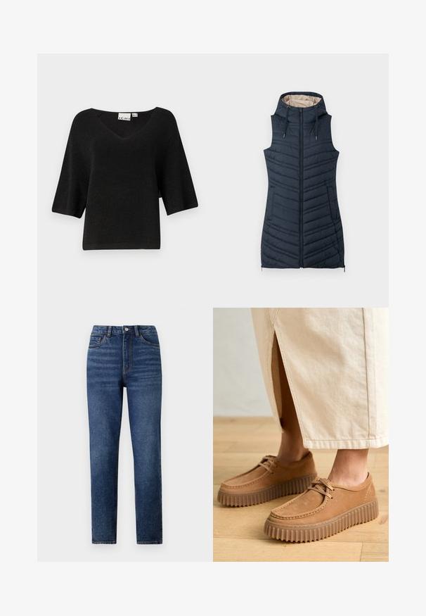 Marineblauer gesteppter Weste mit Kapuze, Reißverschluss vorne und zwei Seitentaschen. Verfügt über vertikale Nähte und ein hellbeiges Innenfutter.; Schwarzer kurzärmeliger Pullover mit V-Ausschnitt und geripptem Muster. Glattes Material mit subtiler Glanzoptik, entworfen mit lockerer Passform.; Hochtaillierte blaue Denim-Jeans mit geradem Bein, versehen mit dezenten Tragefalten, einem Knopfverschluss und einem Fünf-Taschen-Design.; Hellelederschuhe mit einer strukturierten Oberfläche, runder Zehenform und dicken, geriffelten Sohlen. Die Schnürsenkel und die Nähte heben das Design hervor.