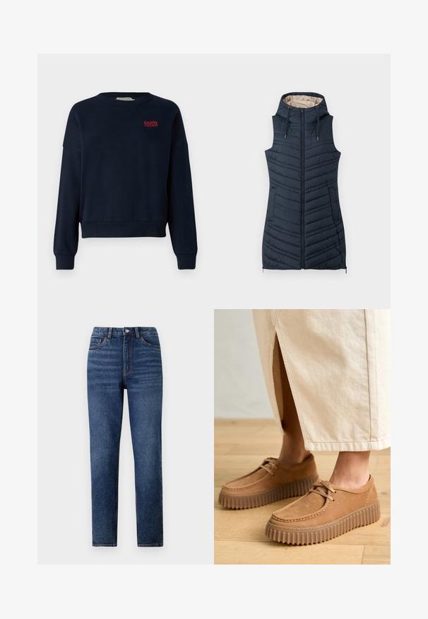 Jūras spēku zils, quiltēts veste ar kapuci, ar rāvējslēdzēja priekšpusi un divām sānu kabatām. Iezīmē vertikālu šuvju un gaiši bežīgu iekšējo oderi.; Navy zila sporta krekls ar brīvu piegriezumu, apaļu kakla izgriezumu un ribota piedurknes. Krūtīs ir sarkanas izšūtas uzraksts "IZBAUDI ŠODIEN".; Augstās jostasvietas zila džinsinga bikses ar taisnu kāju, ar smalku izbalējumu, vienu pogu aizdari un piecu kabatu dizainu.; Brūni ādas apavi ar teksturētu virsmu, apaļu purngalu un bieziem, rievotiem zoliem. Šnīres un šuvju detaļas papildina dizainu.