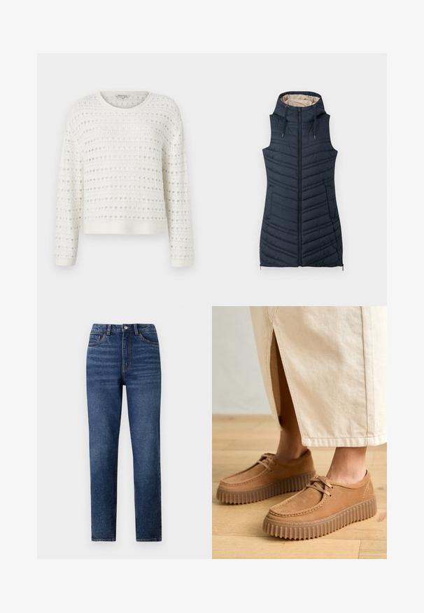 Gilet imbottito blu navy con cappuccio, chiusura a zip e due tasche laterali. Presenta cuciture verticali e un rivestimento interno di un beige chiaro.; Maglione bianco lavorato a maglia con un motivo testurizzato e trame aperte, scollo rotondo e maniche lunghe. Orlo e polsini a costine.; Jeans in denim blu a vita alta con gamba dritta, caratterizzati da un leggero effetto consumato, chiusura con un bottone singolo e design a cinque tasche.; Scarpe in pelle color cuoio con superficie texture, punta rotonda e suole spesse e scanalate. I lacci e i dettagli della cucitura arricchiscono il design.