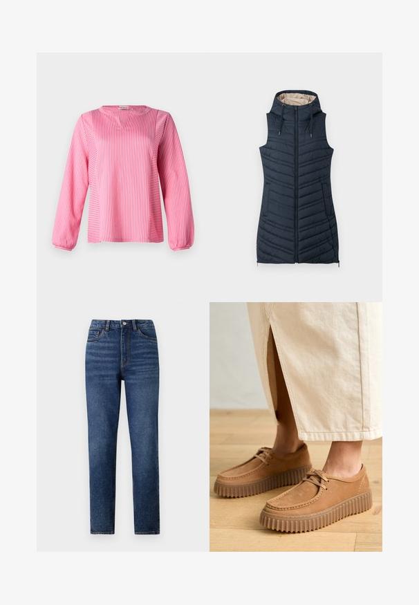 Marineblauer gesteppter Weste mit Kapuze, Reißverschluss vorne und zwei Seitentaschen. Verfügt über vertikale Nähte und ein hellbeiges Innenfutter.; Rosa gestreifte Langarmbluse mit V-Ausschnitt, versehen mit gerafften Manschetten und lässigem Schnitt, aus einem glatten Stoff hergestellt.; Hochtaillierte blaue Denim-Jeans mit geradem Bein, versehen mit dezenten Tragefalten, einem Knopfverschluss und einem Fünf-Taschen-Design.; Hellelederschuhe mit einer strukturierten Oberfläche, runder Zehenform und dicken, geriffelten Sohlen. Die Schnürsenkel und die Nähte heben das Design hervor.