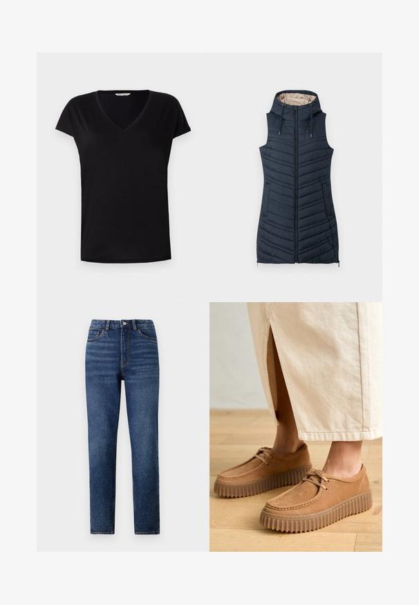 Mornarska tkanina s kapuljačom, s patentnim zatvaračem sprijeda i dva bočna džepa. Ima vertikalne šavove i svijetlu bež podstavu.; Crna kratka majica s V-izrezom od glatkog materijala. Ima klasičan kroj s suptilnim šavom duž izreza i rukava.; Traperice s visokim strukom u plavoj boji, ravnog kroja, s blagim izbleđenim detaljima, zatvaranjem na jedno dugme i dizajnom s pet džepova.; Smeđe kožne cipele s teksturiranom površinom, okruglim prstima i debelim, rebrastim potplatima. Šnure i detalji šivanja obogaćuju dizajn.