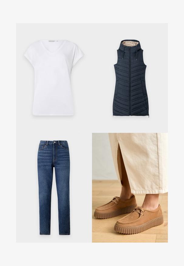 Marine gewatteerde vest met een capuchon, ritssluiting aan de voorkant en twee zijzakken. Bevat verticale stiksels en een lichtbeige binnenvoering.; Witte V-hals T-shirt met korte, opgerolde mouwen, gemaakt van soepel stof. Heeft een ontspannen pasvorm en een eenvoudig ontwerp zonder patronen of accenten.; Hoge taille blauwe denim jeans met rechte pijpen, voorzien van subtiele wassing, sluiting met één knoop en een vijf-pocket ontwerp.; Tanleren schoenen met een gestructureerd oppervlak, ronde neus en dikke, geribbelde zolen. Veters en stiksels accentueren het ontwerp.