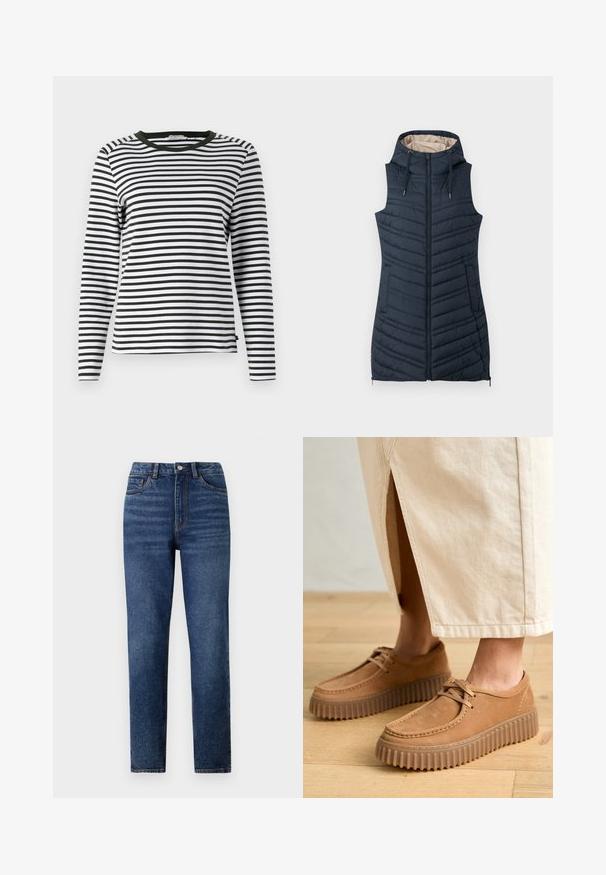 Marineblå quilted vest med hætte, lynlås foran og to sidelommer. Har lodret syning og en lys beige indvendig foring.; Langærmet skjorte i sort og hvid stribet design med en rund, grøn halsudskæring. Blødt stof med normal pasform og lige søm.; Højtaljede blå denimjeans med lige ben, der har subtil slidmærkning, enkelt knaplukning og fem-lomme design.; Brune lædersko med en tekstureret overflade, rund tå og tykke, ribbede såler. Snøre og syningsdetaljer forbedrer designet.