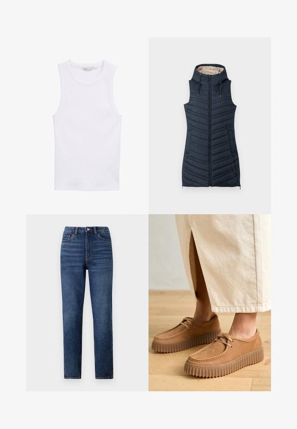 Marine gewatteerde vest met een capuchon, ritssluiting aan de voorkant en twee zijzakken. Bevat verticale stiksels en een lichtbeige binnenvoering.; Witte, mouwloze tanktop van ribmateriaal. Heeft een ronde hals en een aansluitende pasvorm. Het label toont maat 'S'.; Hoge taille blauwe denim jeans met rechte pijpen, voorzien van subtiele wassing, sluiting met één knoop en een vijf-pocket ontwerp.; Tanleren schoenen met een gestructureerd oppervlak, ronde neus en dikke, geribbelde zolen. Veters en stiksels accentueren het ontwerp.