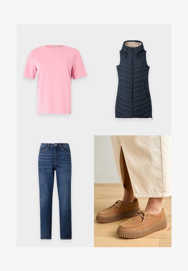 Námořnická prošívaná vesta s kapucí, zipem vpředu a dvěma bočními kapsami. Obsahuje vertikální švy a světlou béžovou podšívku.; Růžové tričko s krátkým rukávem vyrobené z měkké bavlněné látky. Klasický kulatý výstřih a uvolněný střih bez jakýchkoli dalších vzorů nebo dekorací.; Vysoké modré džíny s rovnými nohavicemi, s jemným ošoupáním, zapínáním na jeden knoflík a designem s pěti kapsami.; Tyrkysové kožené boty s texturovaným povrchem, kulatou špičkou a silnými, drsnými podrážkami. Šňůrky a detaily šití umocňují design.
