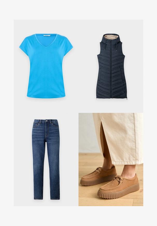 Tamsiai mėlynas paklotos liemenė su kapišonu, užtrauktuko priekine dalimi ir dviem šoninėmis kišenėmis. Pasižymi vertikaliu siuvinėjimu ir šviesiai kreminiu vidiniu pamušalu.; Mėlynas medvilnės V formos iškirptės marškinėliai trumpomis rankovėmis, lygus paviršius ir kasdieniškas dizainas. Paprastas, vientisas spalvos be raštų ar dekoracijų.; Aukštos juosmens mėlynos džinsinės kelnės su tiesiomis kojomis, pasižyminčios subtiliu dėvėjimu, vieno mygtuko uždarymu ir penkių kišenių dizainu.; Skiros spalvos odiniai batai su tekstūruotu paviršiumi, apvali noselė ir stori, grioveliuoti padai. Raišteliai ir siuvimo detalės papildo dizainą.