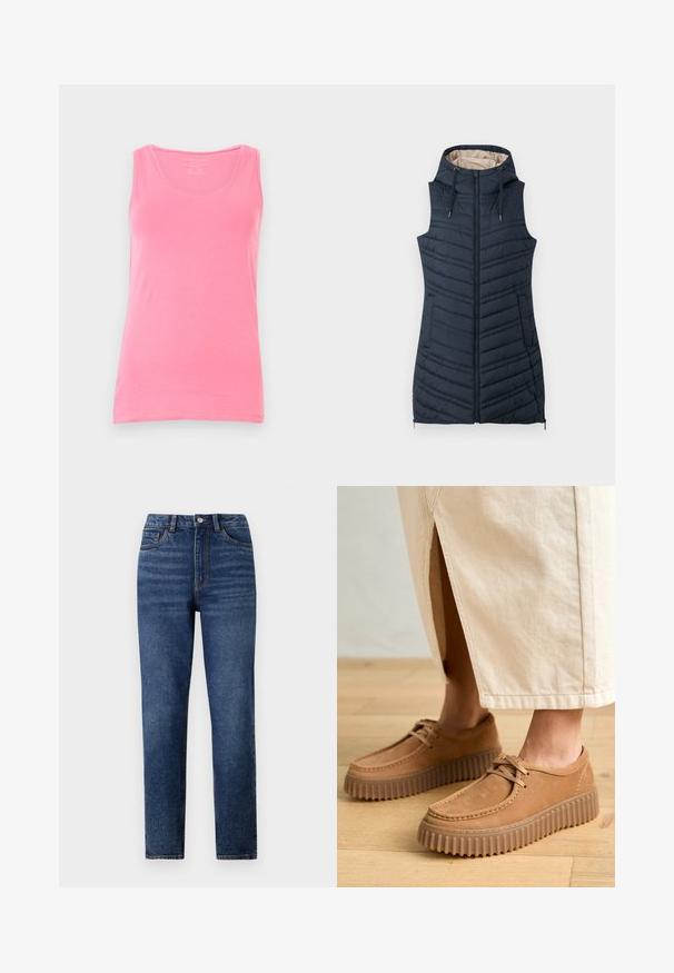 Sötétkék steppelt mellény kapucnival, cipzáros elülső résszel és két oldalsó zsebbel. Függőleges varrásokkal és világos bézs bélésrésszel rendelkezik.; Rózsaszín tank top, puha anyagból készült, kerek nyakú és keskeny pántokkal. Sima textúrájú, testhez álló fazonú, mintázat nélkül.; Magas derékú kék farmernadrág egyenes szárakkal, finom gyűrődésekkel, egygombos záródással és öt zsebes kialakítással.; Barna bőr cipők texturált felülettel, kerek orral és vastag, bordázott talppal. A fűzők és varrások részletei fokozzák a dizájnt.