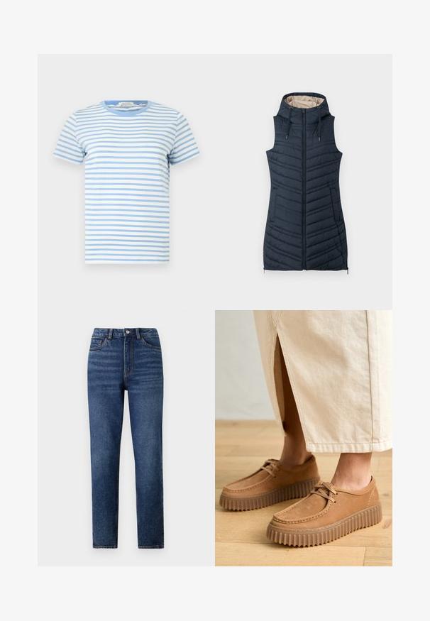 Temno moder puhovni brezrokavnik s kapuco, z zadrgo spredaj in dvema stranskima žepoma. Ima vertikalne šive in svetlo bež notranje obloge.; Majica s kratkimi rokavi v svetlo modri in beli črtasti vzorec, izdelana iz bombaža. Ima okroglo ovratnico in ravno spodnji rob ter mehko teksturo.; Modre kavbojke z visokim pasom in ravnimi nogami, ki imajo subtilno obrabo, enojno zapiranje s gumbom in zasnovo s petimi žepi.; Tanjasti usnjeni čevlji z teksturirano površino, okroglim prstom in debelimi, žlebljenimi podplati. Šnure in detajli šivanja dodatno poudarjajo obliko.