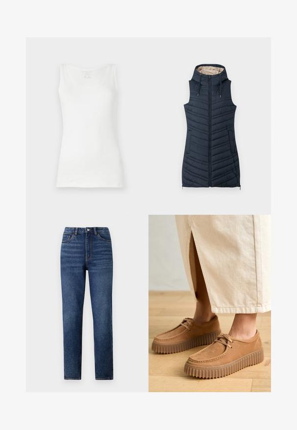 Mornarska tkanina s kapuljačom, s patentnim zatvaračem sprijeda i dva bočna džepa. Ima vertikalne šavove i svijetlu bež podstavu.; Bijela majica bez rukava izrađena od glatkog pamuka, s okruglim izrezom i širokim naramenicama. Jednostavan, klasičan dizajn bez uzoraka ili ukrasa.; Traperice s visokim strukom u plavoj boji, ravnog kroja, s blagim izbleđenim detaljima, zatvaranjem na jedno dugme i dizajnom s pet džepova.; Smeđe kožne cipele s teksturiranom površinom, okruglim prstima i debelim, rebrastim potplatima. Šnure i detalji šivanja obogaćuju dizajn.